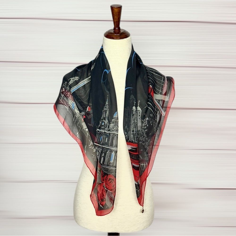 Lulu Guinness Silk Chiffon Scarf London Conture Themed Black Red Sheer 33x33" - Picture 10 of 15